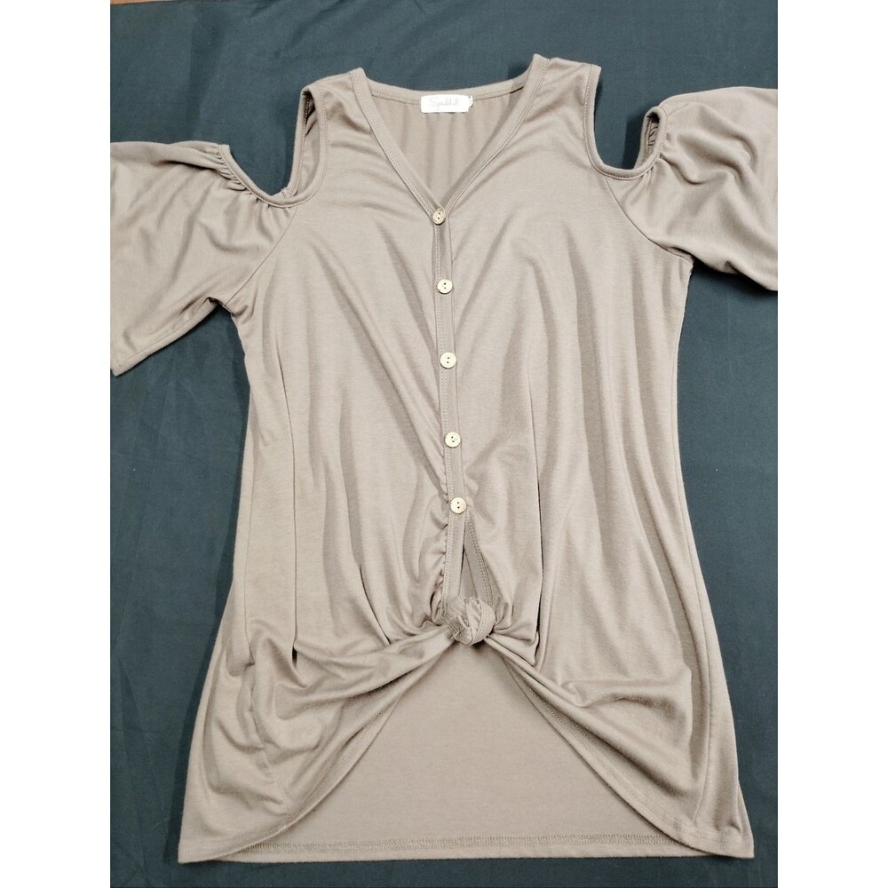 Spadehill Sexy Cold-Shoulder Knot Front Top in Brown with Wooden Buttons